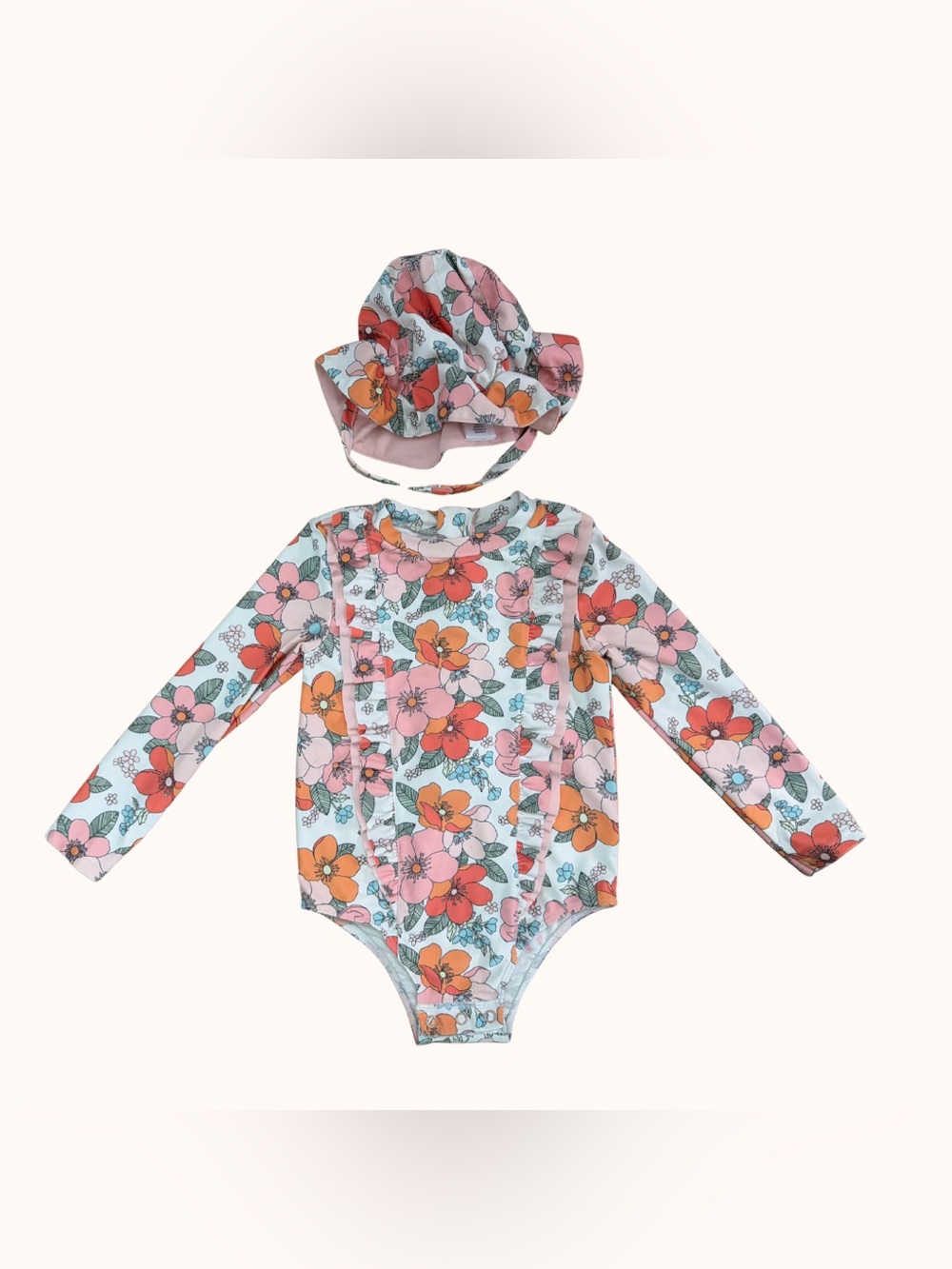 Tucker + Tate Floral Long-Sleeve One-Piece Swimsuit with Hat - Pink & Orange